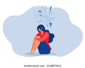 imposter syndrome  woman suffers from obsessive thoughts; headache; unresolved issues; psychological trauma; depression Mental stress panic mind disorder illustration Flat vector illustration 