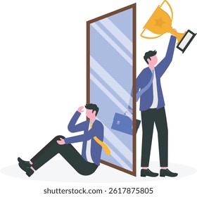 Imposter syndrome,Businessman behind a mirror with fear shadow behind,Mental Health Problems, Anxiety and lack of self confidence at work Vector Illustration

