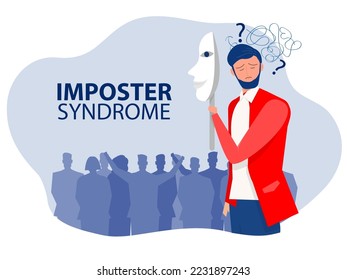 Imposter syndrome.businessman holding a mask self confidence but Anxiety and lack of self confidence at work background; the person fakes is someone else concept