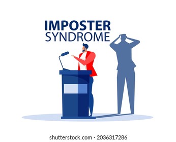 Imposter syndrome.businessman standing for her present profile with fear shadow Back. Anxiety and lack of self confidence at work; the person fakes is someone else concept