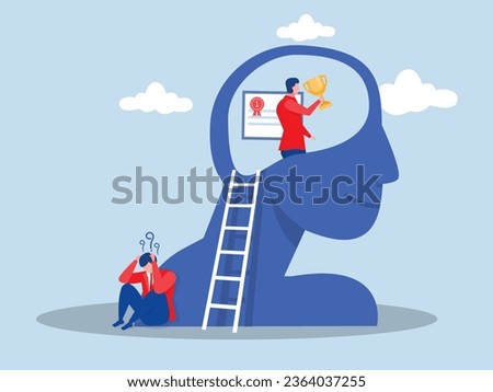 Imposter syndrome.businessmen present self confidence success different Anxiety and lack of self confidence in head human at work the person fakes is someone else