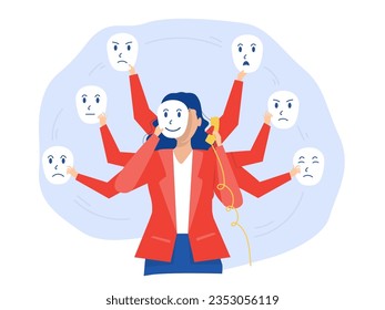 imposter syndrome,businesswoman operators hold different emotional masks. Mental disorder. vector illustration