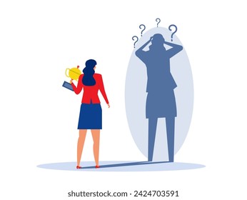 Imposter syndrome.businesswoman standing to success new position with fear shadow Back. Anxiety and lack of self confidence at work; the person fakes is someone else concept