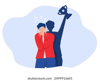 Imposter syndrome.shadow man standing for her present profile take award with Anxiety and lack of self confidence at work; the person fakes is someone else concept