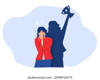 Imposter syndrome.shadow woman standing for her present profile take award with Anxiety and lack of self confidence at work; the person fakes is someone else concept