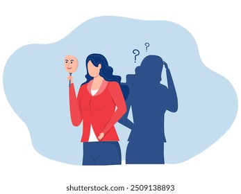 Imposter syndrome.shadow woman standing for her present profile take award with Anxiety and lack of self confidence at work; the person fakes is someone else concept