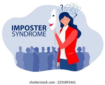 Imposter syndrome.woman holding a mask self confidence but Anxiety and lack of self confidence at work background; the person fakes is someone else concept