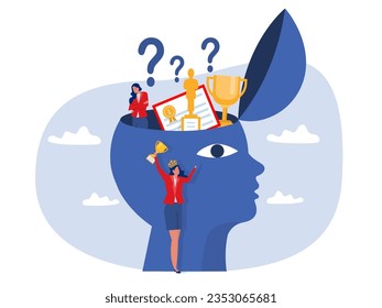 Imposter syndrome.woman sitting Anxiety and lack of self confidence in head human at work the person fakes is someone else 