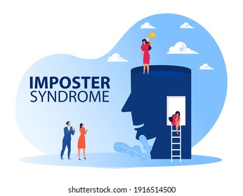 Imposter syndrome.woman standing for her present profile with get award. Anxiety and lack of self confidence at work; the person fakes is someone else concept