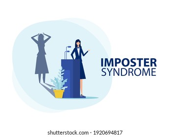 Imposter syndrome.woman standing for her present profile with fear shadow behind. Anxiety and lack of self confidence at work ,the person fakes is someone else concept 