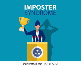 Imposter syndrome.woman standing for her present profile with fear shadow behind. Anxiety and lack of self confidence at work; the person fakes is someone else conceptconcept