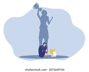 Imposter syndrome.woman standing for her present profile with fear shadow behind. Anxiety and lack of self confidence at work; the person fakes is someone else concept