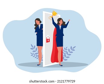 Imposter syndrome.woman standing for her present profile with fear after door . Anxiety and lack of self confidence at work; the person fakes is someone else concept