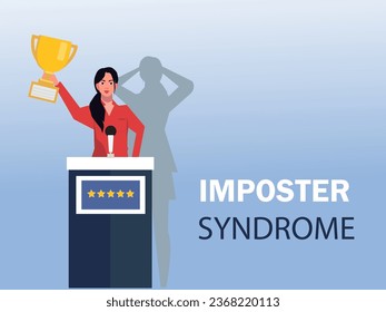 Imposter syndrome.woman standing for her present profile with fear shadow behind. Anxiety and lack of self confidence at work; the person fakes is someone else concept. vector illustration.