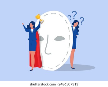 Imposter syndrome.woman standing for her present profile with fear after door . Anxiety and lack of self confidence at work; the person fakes is someone else concept