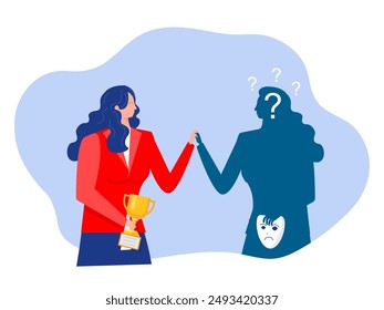 Imposter syndrome.woman standing for her present profile with fear after door . Anxiety and lack of self confidence at work; the person fakes is someone else concept