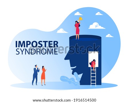 Imposter syndrome.woman standing for her present profile with get award. Anxiety and lack of self confidence at work; the person fakes is someone else concept
