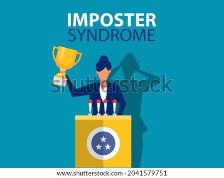 Imposter syndrome.woman standing for her present profile with fear shadow behind. Anxiety and lack of self confidence at work; the person fakes is someone else conceptconcept