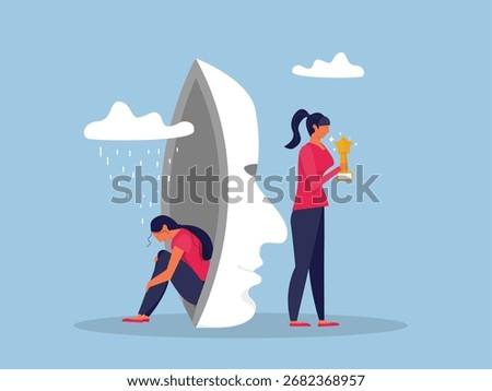 Imposter syndrome.woman standing for her present profile with fear after door . Anxiety and lack of self confidence at work; the person fakes is someone else concept