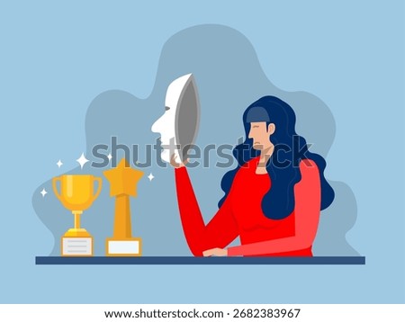 Imposter syndrome.woman standing for her present profile with fear after door . Anxiety and lack of self confidence at work; the person fakes is someone else concept
