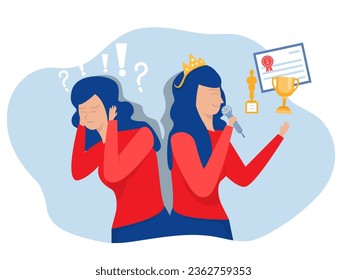 Imposter syndrome.Women present self confidence success different Anxiety and lack of self confidence in head human at work the person fakes is someone else