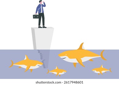 Impostor syndrome chalk icon. Sad man on on wall in the middle of the sea team surrounded by sharks. Psychological problem. Mental issue.

