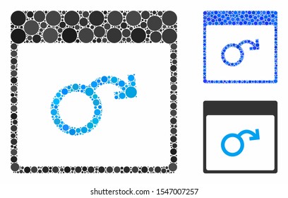 Impotence calendar page composition of circle elements in variable sizes and color hues, based on impotence calendar page icon. Vector circle elements are united into blue collage.