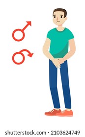 Impotence and erectile dysfunction. Sad man. Bad sex, prostatitis and prostate cancer. Problems of the sexual sphere. Stock vector cartoon illustration on a white.