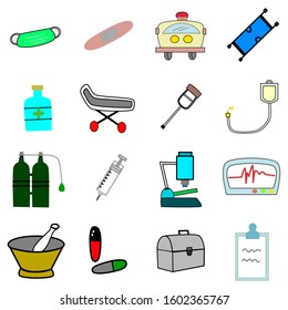 Impotence medical equipment in hospital,  mask, plaster, ambulance, cradle, medicine box, stretcher, crutch, IV bag, oxygen tank, syringe, microscope, ECG, mortar, medicine, bag, record board.