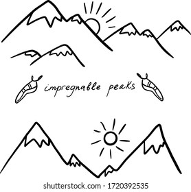 Impregnable peaks. Mountain peak, rocky inaccessible rock. Hand drawn Mountains sketch landscape with hills, sunnies and clouds. Line design. Vector illustration on white background. Cards. Poster.