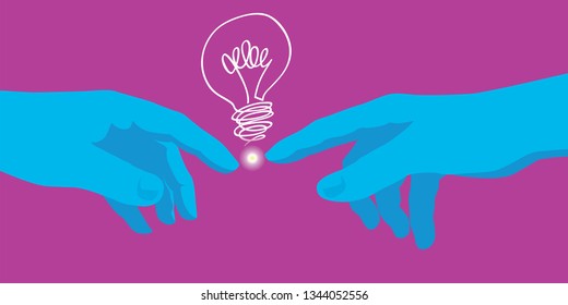 ImpressConcept of creation with the hand of Michel Angel who pointing the finger finds an idea, symbolized by a light bulb.ion