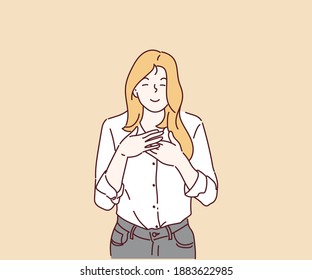 Impressed friendly pleasant woman keeps hands on chest, touched by complement, smiles positively. Hand drawn in thin line style, vector illustrations.