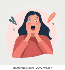 impressed woman with hands on face, vector illustration