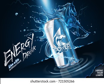 Impressing energy drink ads, liquid horse gallops in the air with spatter drinks and lightning in 3d illustration