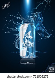 Impressing energy drink ads, liquid horse gallops in the air with spatter drinks and lightning in 3d illustration, vertical advertisement