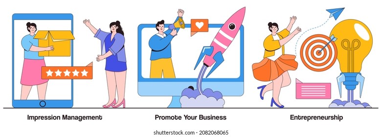 Impression management, promote your business, entrepreneurship concept with tiny people. Business success vector illustration set. Personal brand strategy, social interaction and influence metaphor.