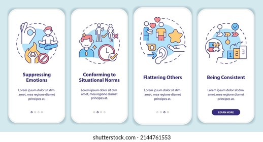 Impression management techniques onboarding mobile app screen. Walkthrough 4 steps graphic instructions pages with linear concepts. UI, UX, GUI template. Myriad Pro-Bold, Regular fonts used