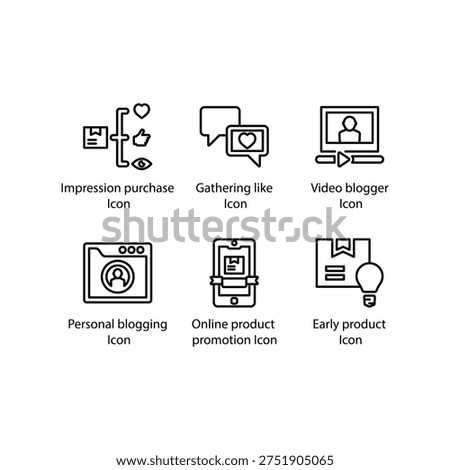 Impression purchase, Gathering like, Video blogger, Personal blogging, Product promotion, Early product, icon