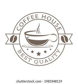 Ein Eindruck einer Briefmarke mit einer Tasse Kaffee, Kaffeekorn und Inschriften. Vorlage für Logo, Marke, Aufkleber und kreatives Design. Flachstil