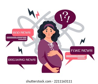 An impressionable pregnant girl tries to brush off the bad news. Bad news, fakes, informational detoxification. Depression and frustration. Vector illustration in cartoon style