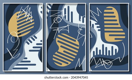 tríptico de arte impresionista. formas abstractas de luz y beige, trazos caóticos de pintura blanca, con un fondo de rayas onduladas azules. tres imágenes en marcos finos blancos. vector 