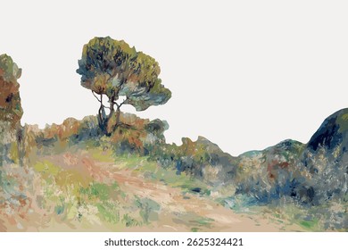 Impressionist landscape painting with a lone tree. The tree stands tall in a colorful landscape. Impressionist style highlights nature's beauty with vivid colors. Vintage art illustration vector.