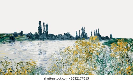 Impressionist landscape painting with trees and water. Lush greenery and serene water. Vibrant trees and water create a tranquil landscape scene. Vintage art illustration vector.