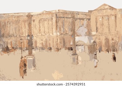 Impressionist painting of a historic building with columns. People walk nearby. Historic architecture, columns, and people create a classic scene. Vintage art drawing, isolated vector element.