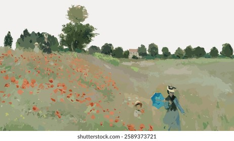 Impressionist painting of a poppy field. Figures stroll in a poppy field. A woman with a blue parasol. Red poppies, green landscape, serene poppy field. Vintage botanical illustration vector.