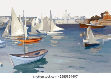 Impressionist painting of sailboats on water. Sailboats with white sails, calm water, and cityscape. Boats and water create a serene maritime scene. Vintage art illustration, vector.