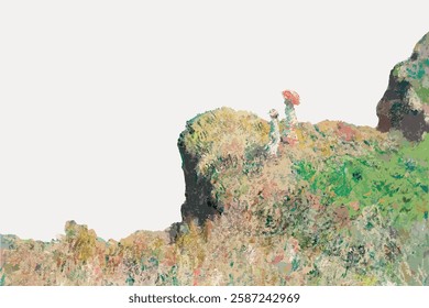 Impressionist painting of two figures on a cliff, surrounded by greenery. The scene captures a sense of nature, cliffside views, and artistic brushwork. Vintage art illustration, vector.