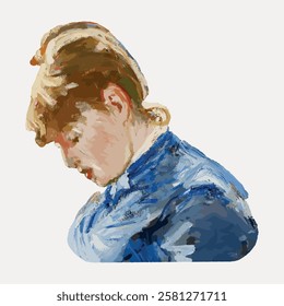 Impressionist painting of a woman in a blue dress with a contemplative pose. Brushstrokes create a soft, textured effect. Art captures a serene, reflective mood. Vintage woman illustration vector.