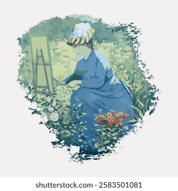 Impressionist painting of a woman in a blue dress painting outdoors. The woman is surrounded by flowers, capturing nature in a serene setting. Vintage woman illustration isolated on white, vector.