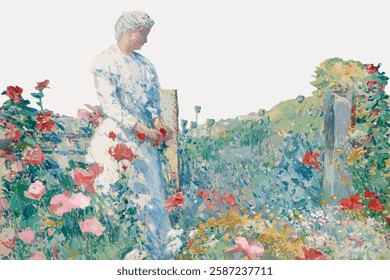 Impressionist painting of a woman in a garden, surrounded by flowers. The woman is in a floral setting, depicted in soft, colorful brushstrokes. Vintage woman illustration isolated on white, vector.